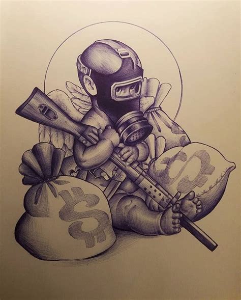 A Drawing Of A Man With A Gas Mask And Money Bag Sitting Next To Him