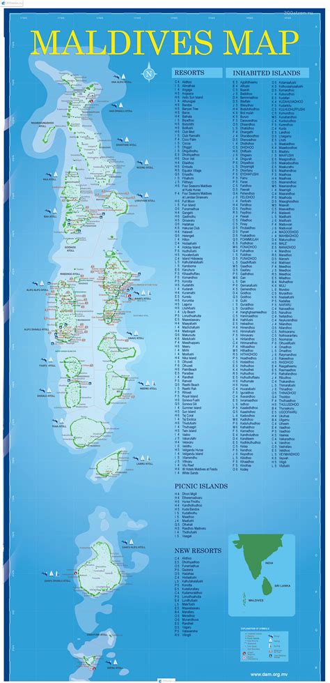 Большая подробная карта Мальдив со всеми атоллами островами и отелями