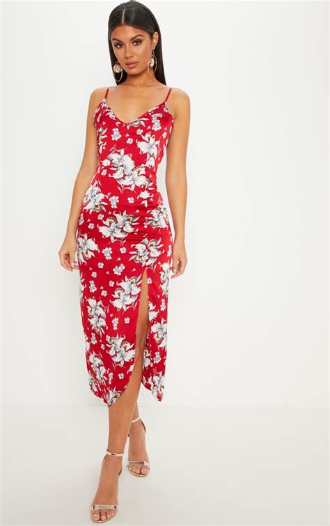 Red Floral Satin Midi Slip Dress Dresses Prettylittlething Aus