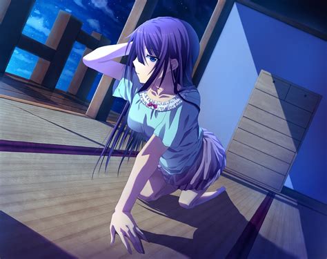 Purple Hair Hair In Face Blue Eyes Bent Over Long Hair Anime