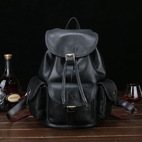 Men Genuine Leather Backpack Black Retro Casual Daypack Full Grain Oil