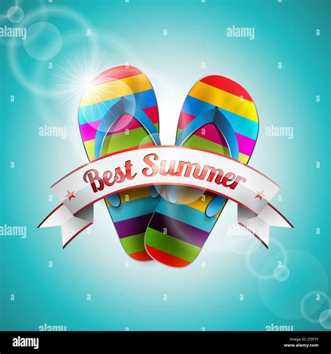 Vector Summer Holiday Design With Slipper And Ribbon On Blue Sea