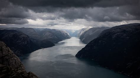 Download 1920x1080 Norway Lysefjord River Moutains Dark Clouds