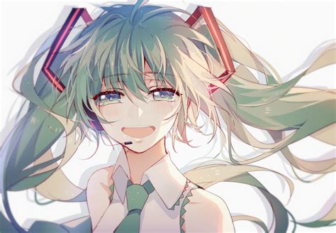 Close Green Eyes Green Hair Hatsune Miku Headphones Lococop Long Hair Microphone Tears Tie