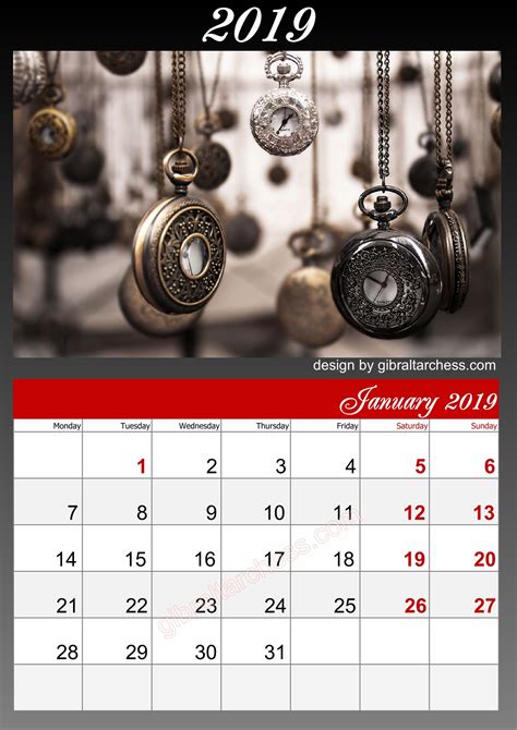1 January 2019 Wall Monthly Calendar Printable