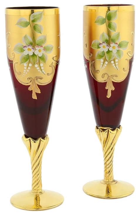 Glassofvenice Set Of Two Murano Glass Champagne Flutes 24k Gold Leaf Red Contemporary Wine