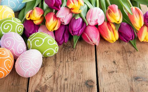 download wallpapers multicolored easter eggs tulips spring flowers happy easter april 2018