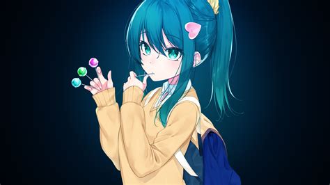 Download 1920x1080 Anime Girl Candies Blue Hair School Uniform
