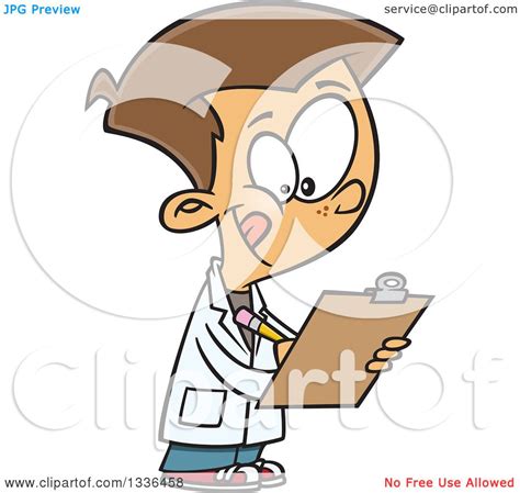 Clipart Of A Cartoon Caucasian Boy Wearing A Lab Coat And Writing On A
