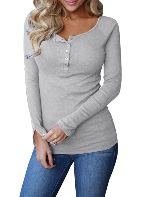 3049 Remikstyt Womens Long Sleeve Casual Henley Shirts Knit Ribbed