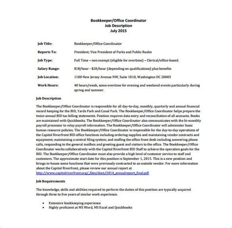 Bookkeepers usually have a bachelor's degree in accounting or finance. 10+ Bookkeeper Job Description Templates - Free Sample ...