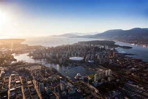 Aerial Photo Downtown Vancouver Skyline At Sunset