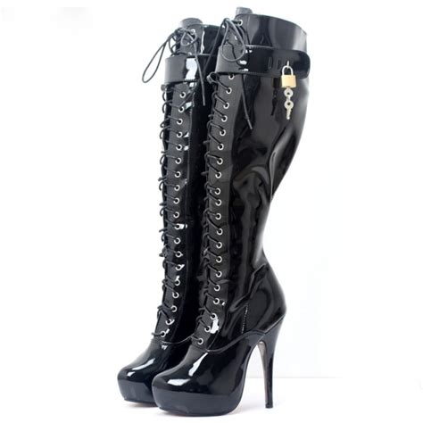 Fetish Platform Boots 15cm High Heel Knee High Patent Leather Lockable Heels Sexy Dance Shoes