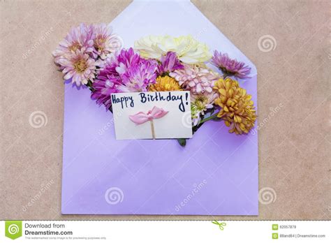 Chrysanthemums Flowers In Violet Envelope With I Happy Birthday Card Stock Photo - Image: 62057879
