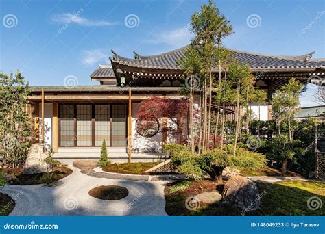 Traditional Japanese House With A Picturesque Garden Stock Image