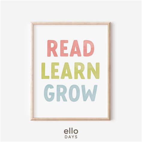 Read Learn Grow Printable Wall Art Poster Rainbow Playroom Toddler Kids