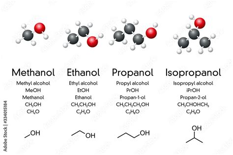 Simple Alcoholic Compounds Molecular Models Chemical And Skeletal