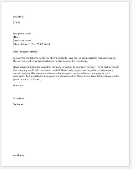 Operation Manager Resignation Letter Word Document Templates
