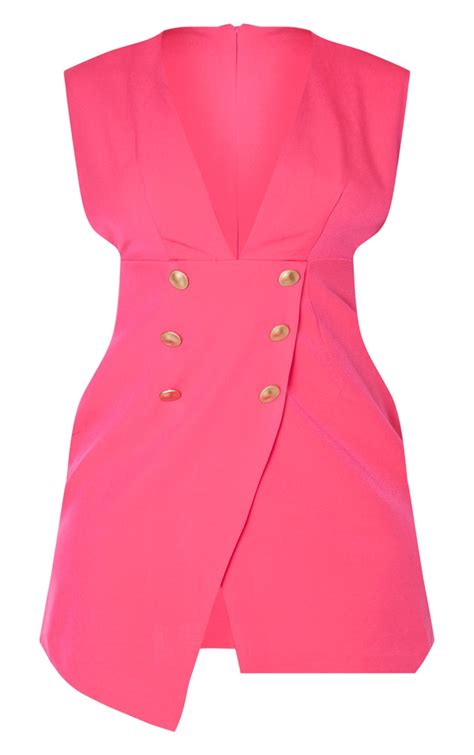 hot pink sleeveless gold button blazer dress prettylittlething