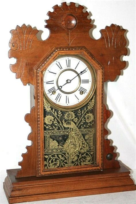 Antique Pressed Oak Gingerbread Kitchen Clock W Reverse Stenciled