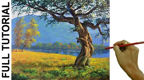 Acrylic Landscape Painting Tutorial Golden Field With Big Tree
