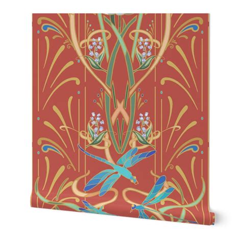 Art Nouveau Dragonflies Deep Coral Wallpaper Spoonflower
