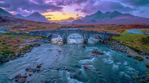 Sligachan River Isle Of Skye Scotland Sunset Clouds Bridge