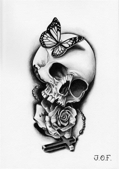 Grayscale Butterfly Skull Rose Cross 052015 Dope Tattoos Leg