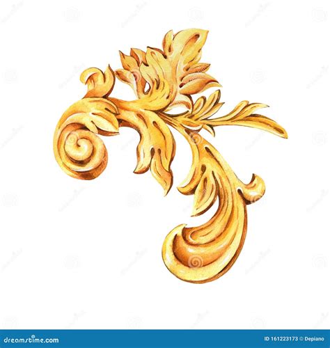 Watercolor Golden Baroque Floral Curl Rococo Ornament Element Hand