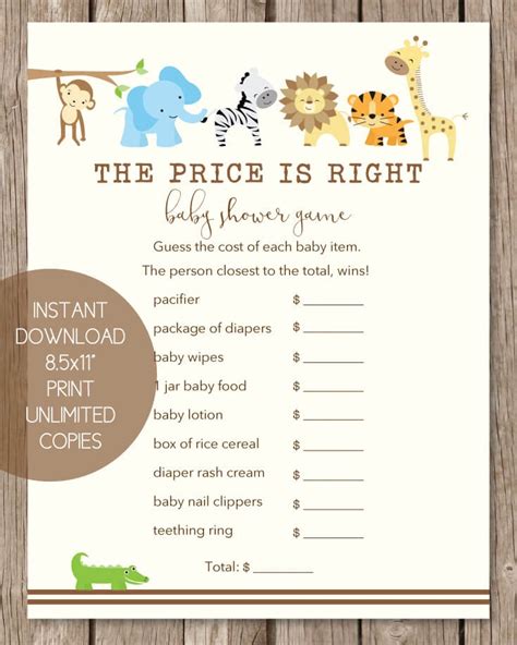 Lay out baby essentials like diapers, baby food, baby bottles, and wipes. The Price Is Right Baby Shower Game - Jungle Theme - Print ...