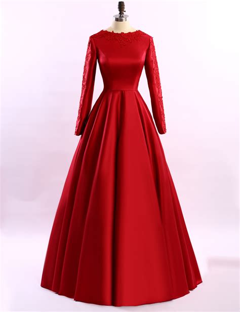 Simple Long Sleeve Red Evening Dresses 2017 Long Evening Dress With