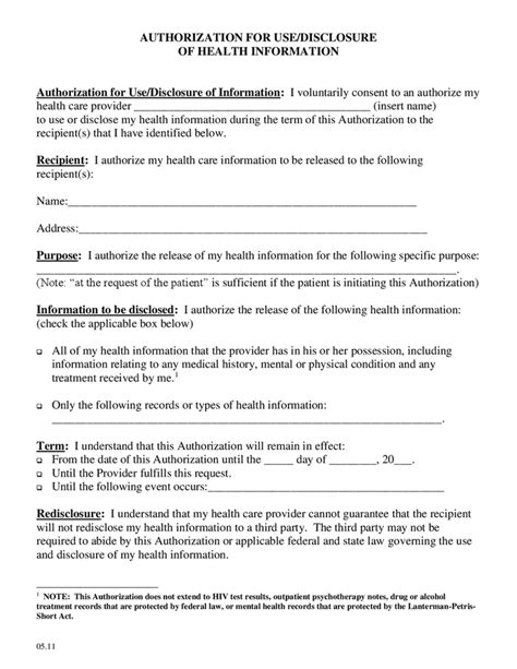 Authorization For Use Disclosure Of Health Information In Word And