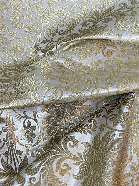 40 Off Brocade Fabric Off White And Gold Brocade Indian Etsy
