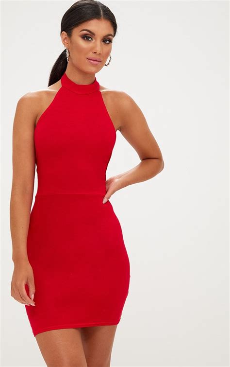 3red High Neck Tie Back Bodycon Dress With Black High Heelsno Tights With This Dressthen