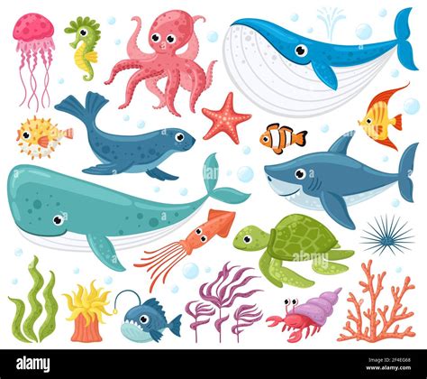 Dibujos Animados Animales De Mar Bonito Pez Océano Pulpo Tiburón Y