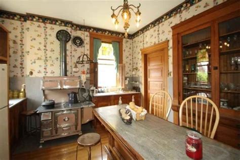 Not The Wallpaper But Love The Cabinets Victorian Kitchen Victorian