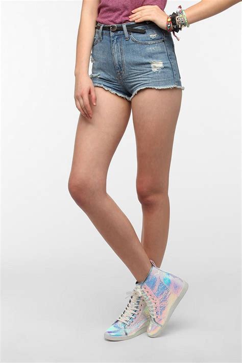 overview washed soft denim cutoff shorts from bdg cut super short and angled touch of