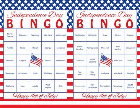 60 4th Of July Printable Bingo Cards Patriotic 50 Us States Theme