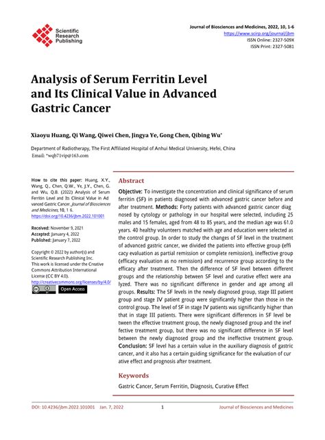Pdf Analysis Of Serum Ferritin Level And Its Clinical Value In