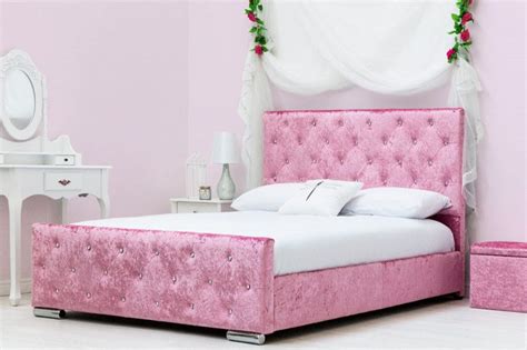 Beaumont Diamante Pink Crushed Velvet Double Bed Frame 4ft6 Velvet Bed Frame Crushed Velvet