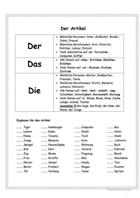 Artikel Arbeitsblatt Kostenlose Daf Arbeitsblätter Deutsch Lernen Deutsch Unterricht