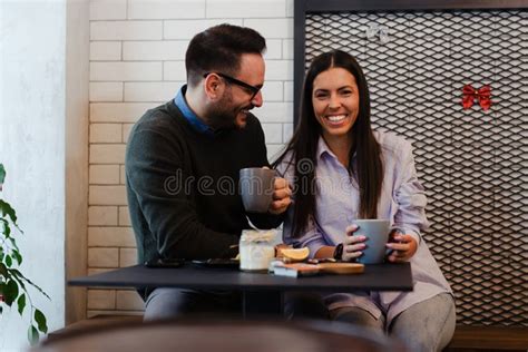 Happy Couple Drinking Coffee In Cafe Stock Image Image Of Adult