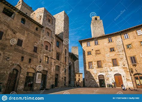 view of the main square of san gimignano medieval town famous for its towers editorial stock