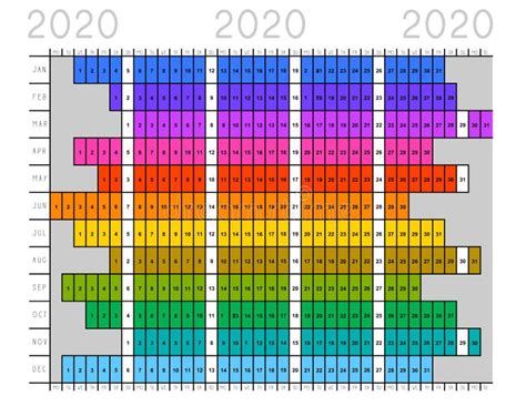 Linear Calendar 2020 Landscape Orientation Horizontal Colorful