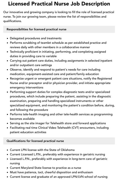 Licensed Practical Nurse Job Description Velvet Jobs