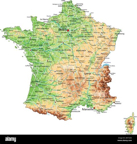 High Detailed France Physical Map With Labeling Stock Vector Image