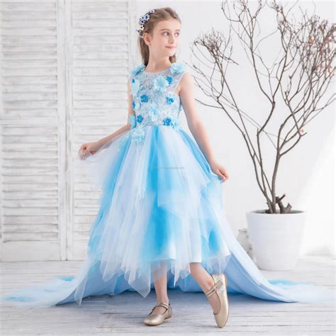 2018 New Lace Applique Bule Princess Puffy Wedding Flower Girls Dress Tulle Net Ball Gowns Party