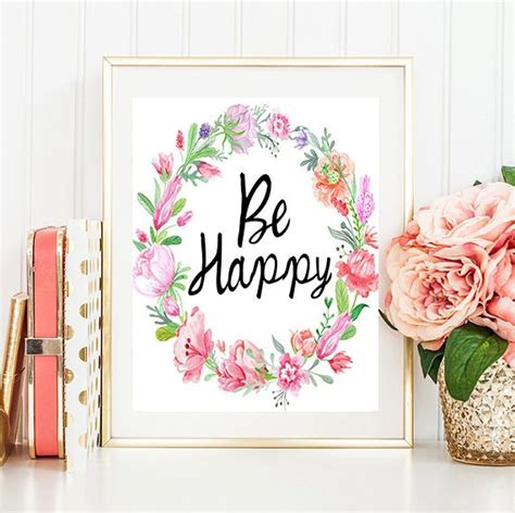 Be Happy Poster Motivational Poster Quote Poster Be Happy Wreath Poster