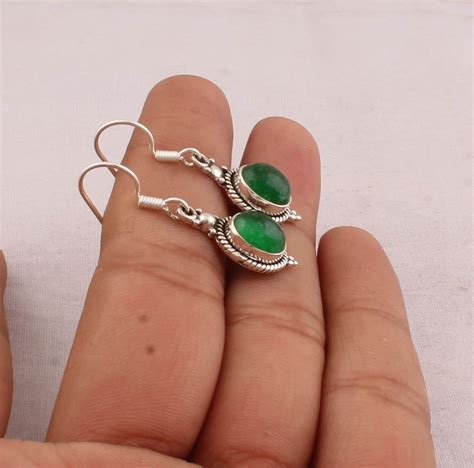 Beautiful Natural Green Jade Earring 925 Sterling Silver Etsy