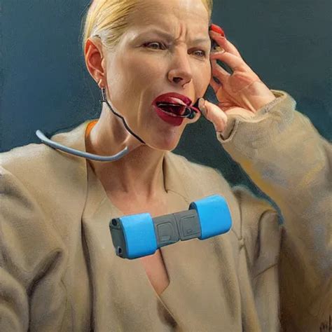 Woman With A Power Cord Plugged Into Her Mouth By Stable Diffusion